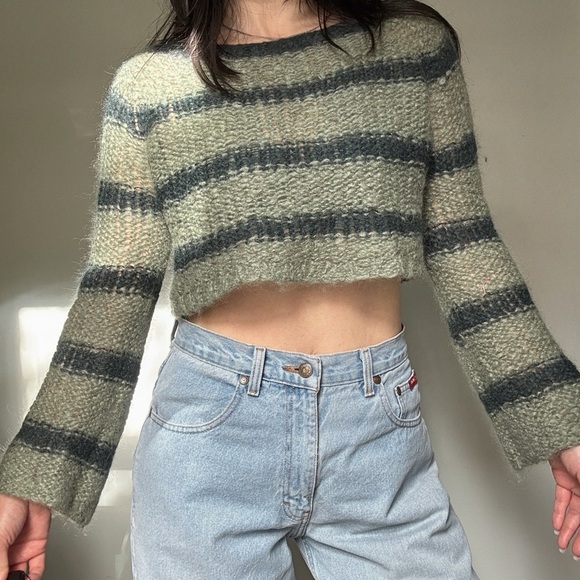 Vintage Sweaters - Handmade One-of-a-Kind Mohair Fuzzy Green Sweater